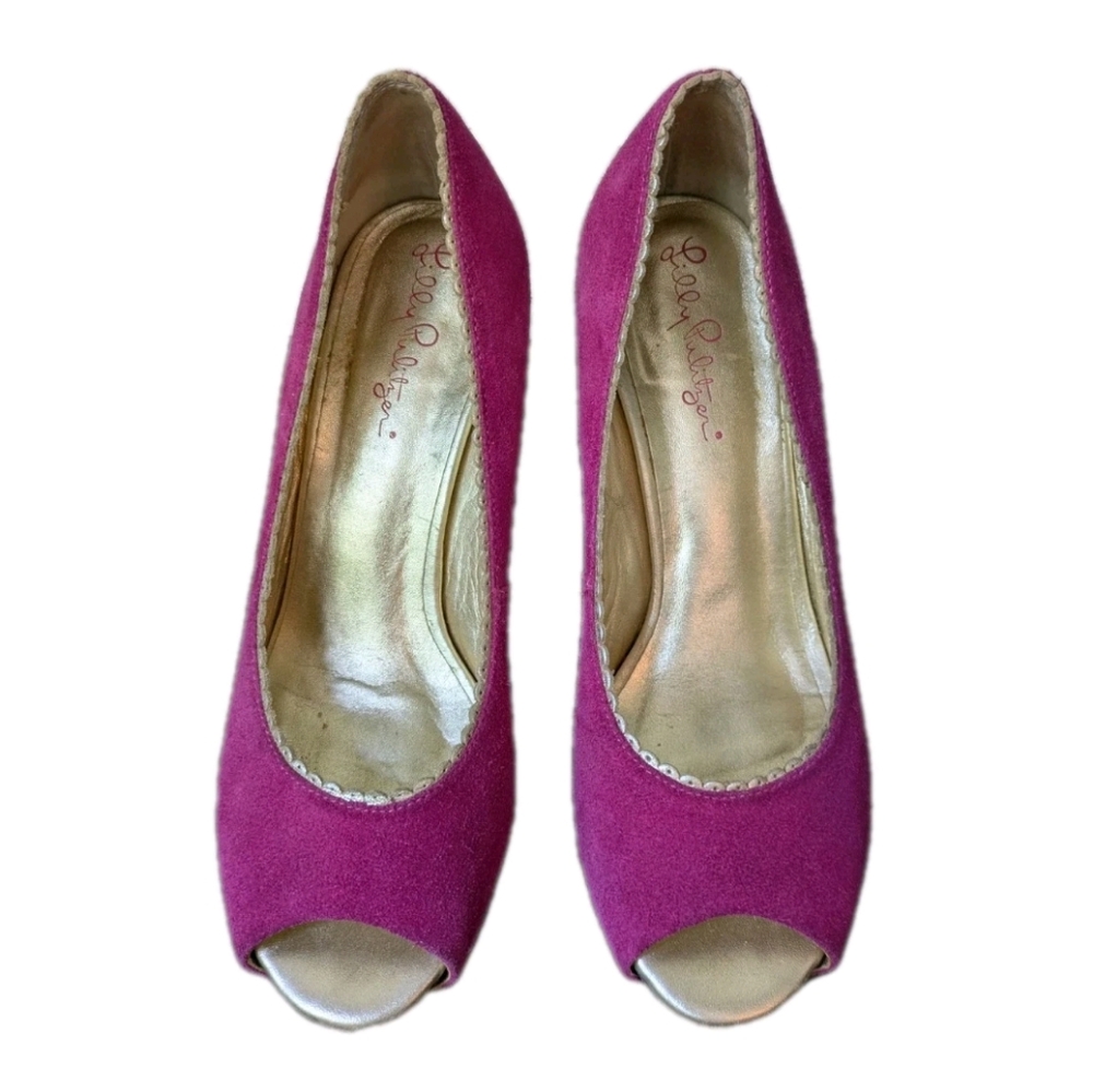 Lilly Pulitzer Resort Chic Wedge Suede Women 6 Open Peep Toe Pink Preppy Vibrant
